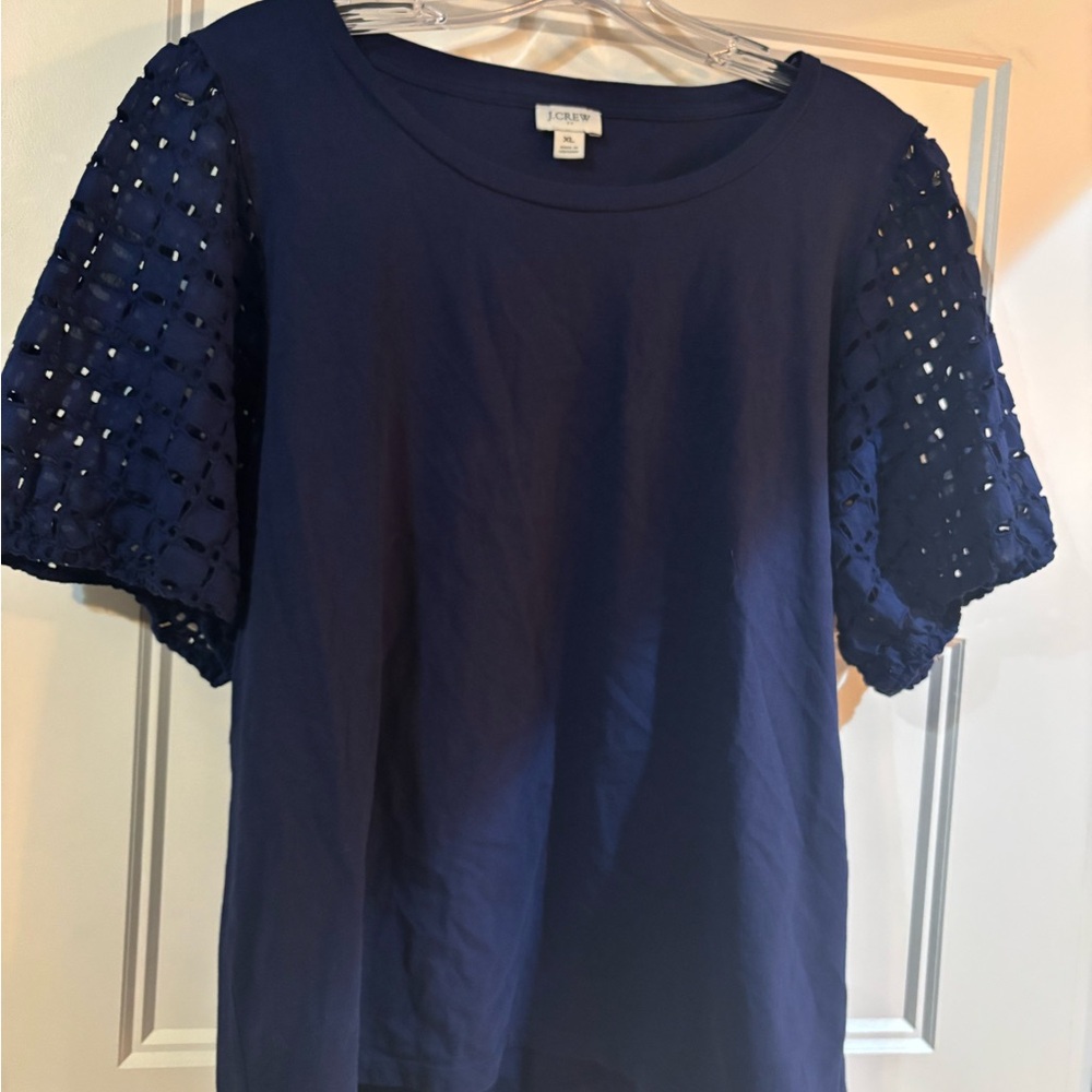 J. Crew Deep Blue Blouse with Eyelet Sleeves